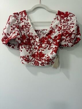 Red Floral Embroidered V-Neck Puff Sleeve Crop Top